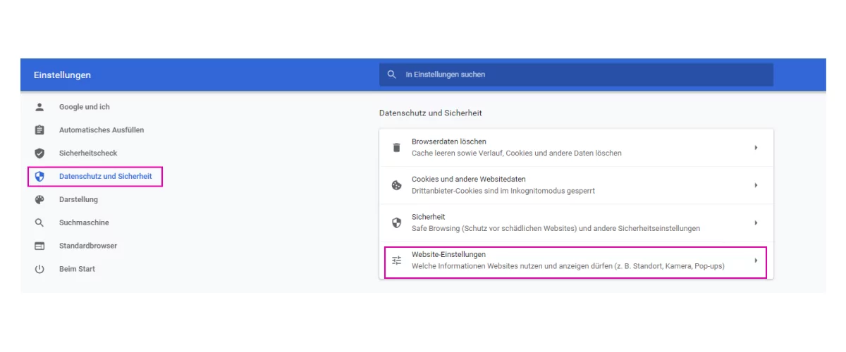 “Datenschutz und Sicherheit” auf “Site-Einstellungen”