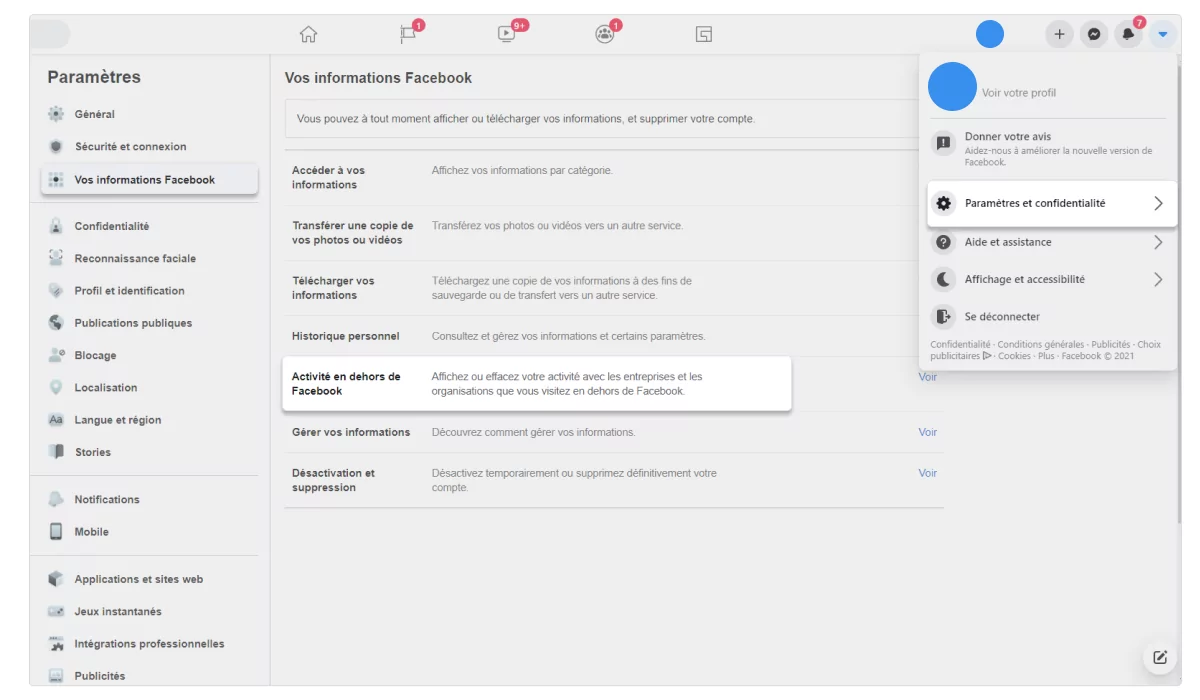Paramètres et confidentialité → Paramètres → Vos information Facebook → Activité en dehors de Facebook