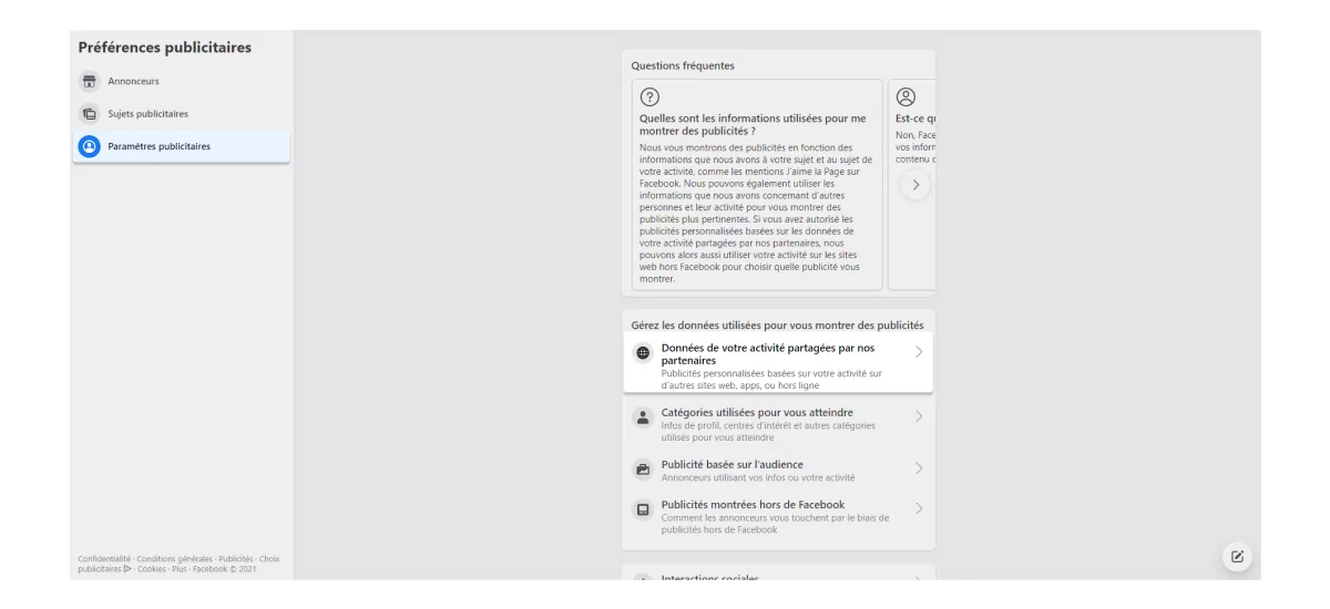 Paramètres publicitaires → Données de votre activité partagées par nos partenaires