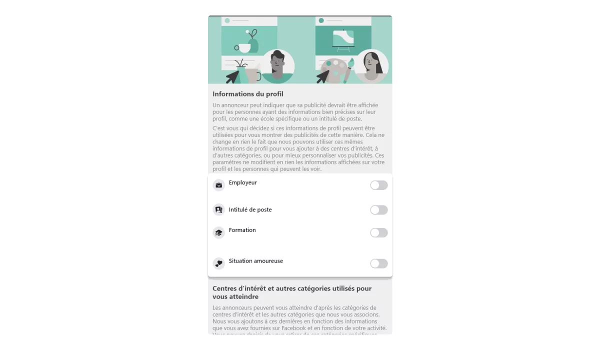 Employeur, Intitulé de poste, Formation, Situation amoureuse, Catégories de centres d’intérêt etc.